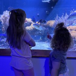 Two girls in front of aquarium.