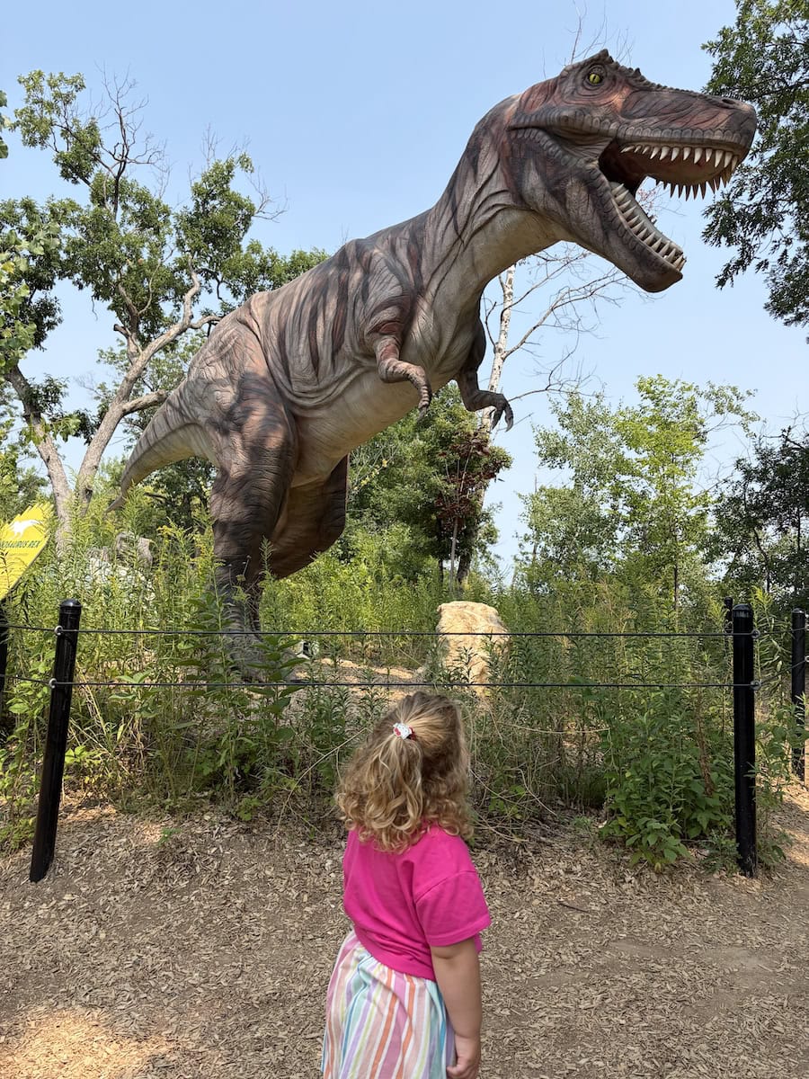 Girl standing in front of TRex at MN Zoo.