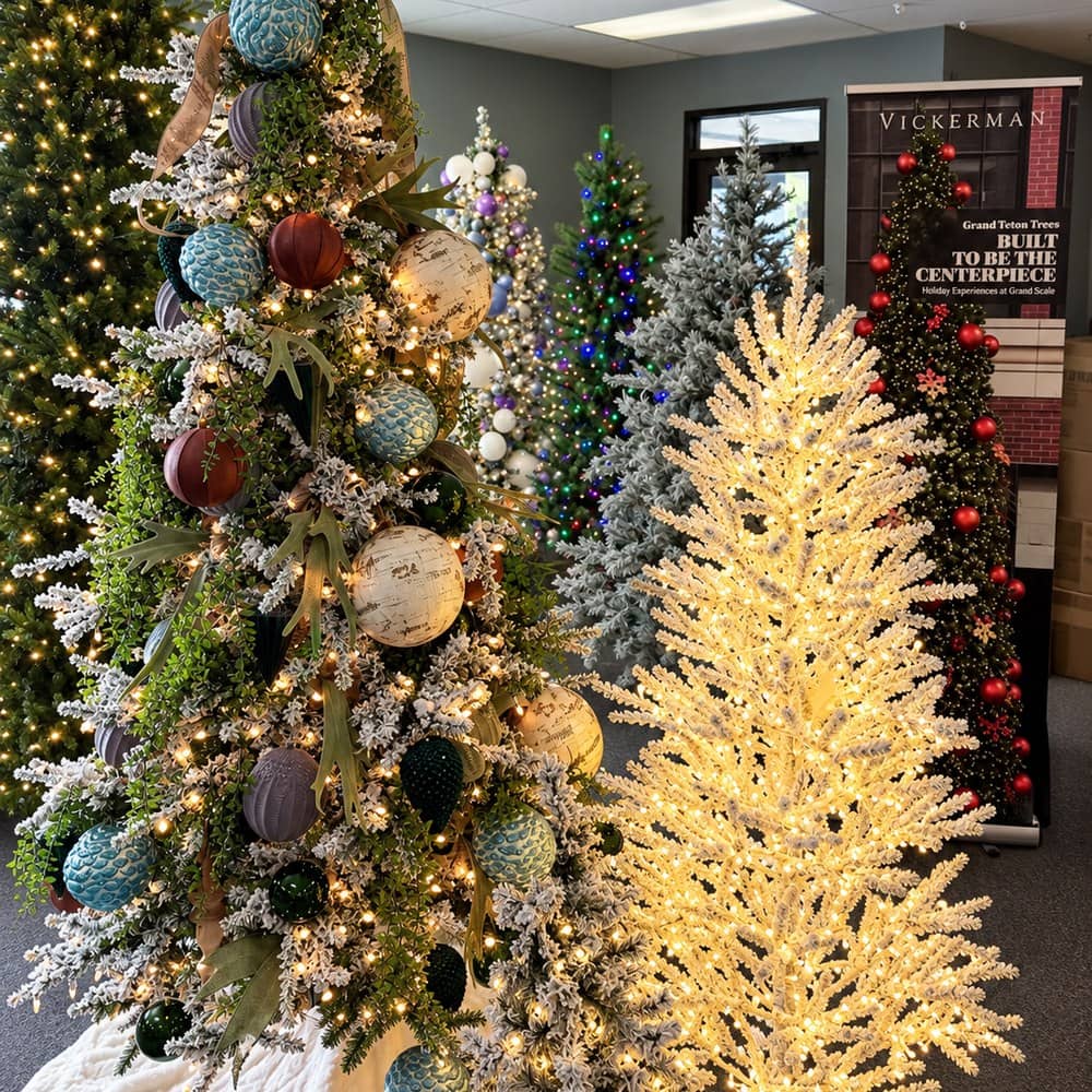 artificial christmas trees at Vickerman showroom.