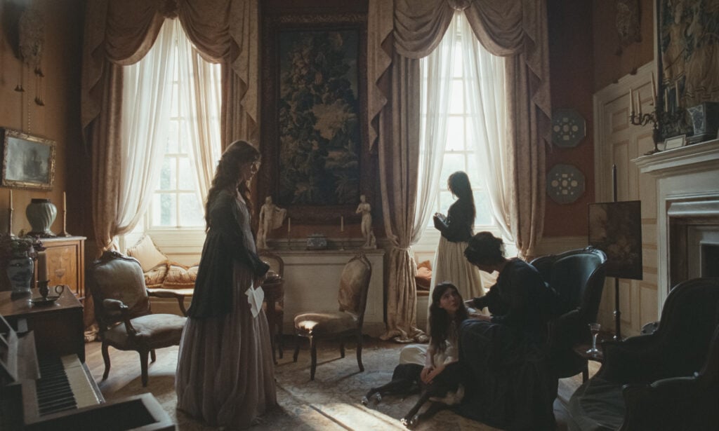 Daisy Edgar-Jones stars as Elinor Dashwood, Esmé Creed-Miles as Marianne Dashwood, Bodhi Rae Breathnach as Margaret Dashwood and Caitríona as Mrs. Dashwood in SENSE and SENSIBILITY, a Focus Features release.